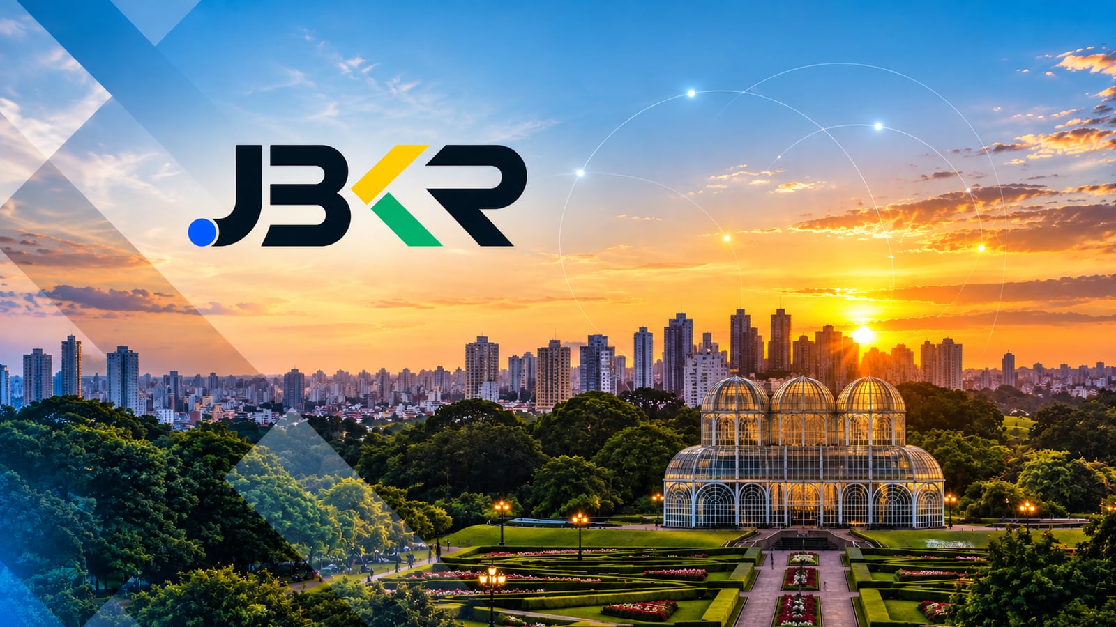 Curitiba Botanical Garden greenhouse at sunset, with the city skyline and the JBKR brand